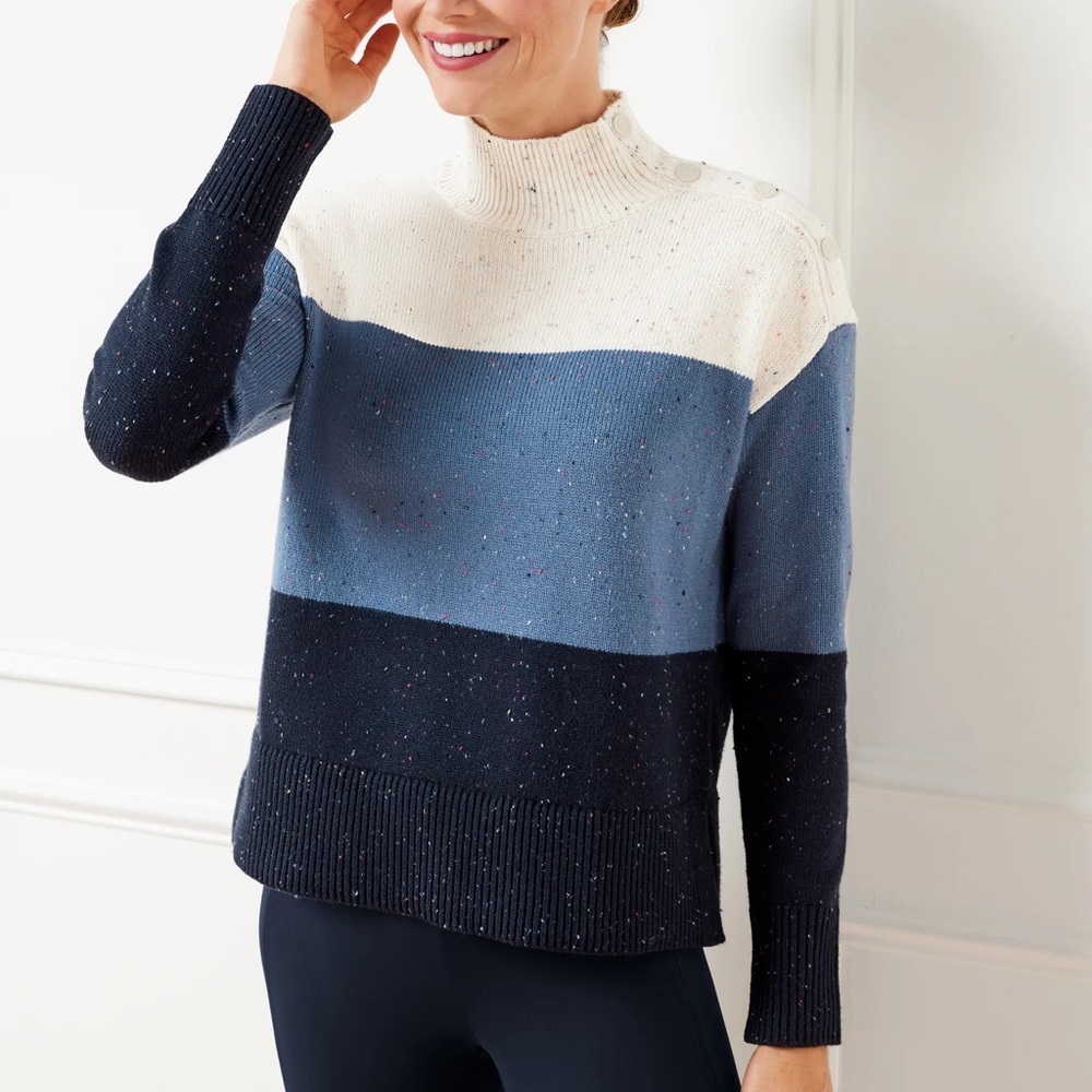 T by TALBOTS SNAP BUTTON MOCKNECK SWEATER – Speckled Stripe Size 1X Cozy